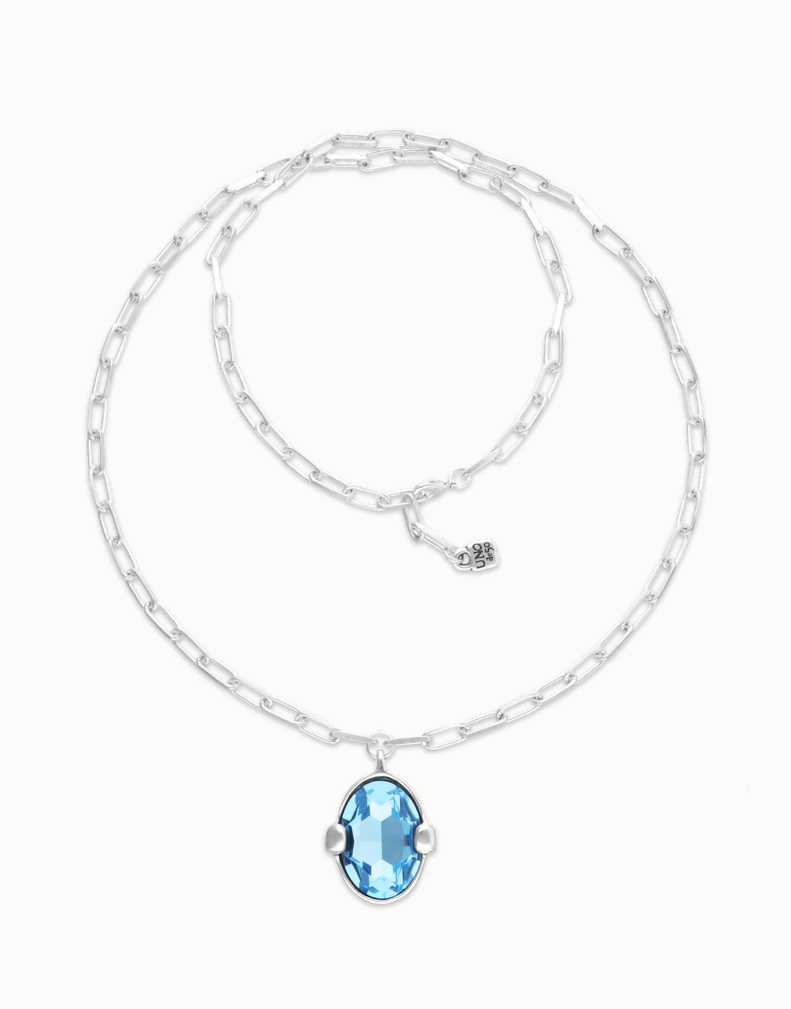 Long necklace with large blue oval faceted crystal, Silver, large thumbnail